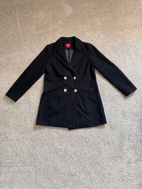 GUESS Black Double-Breasted Coat | Gold Logo Buttons | Size Medium